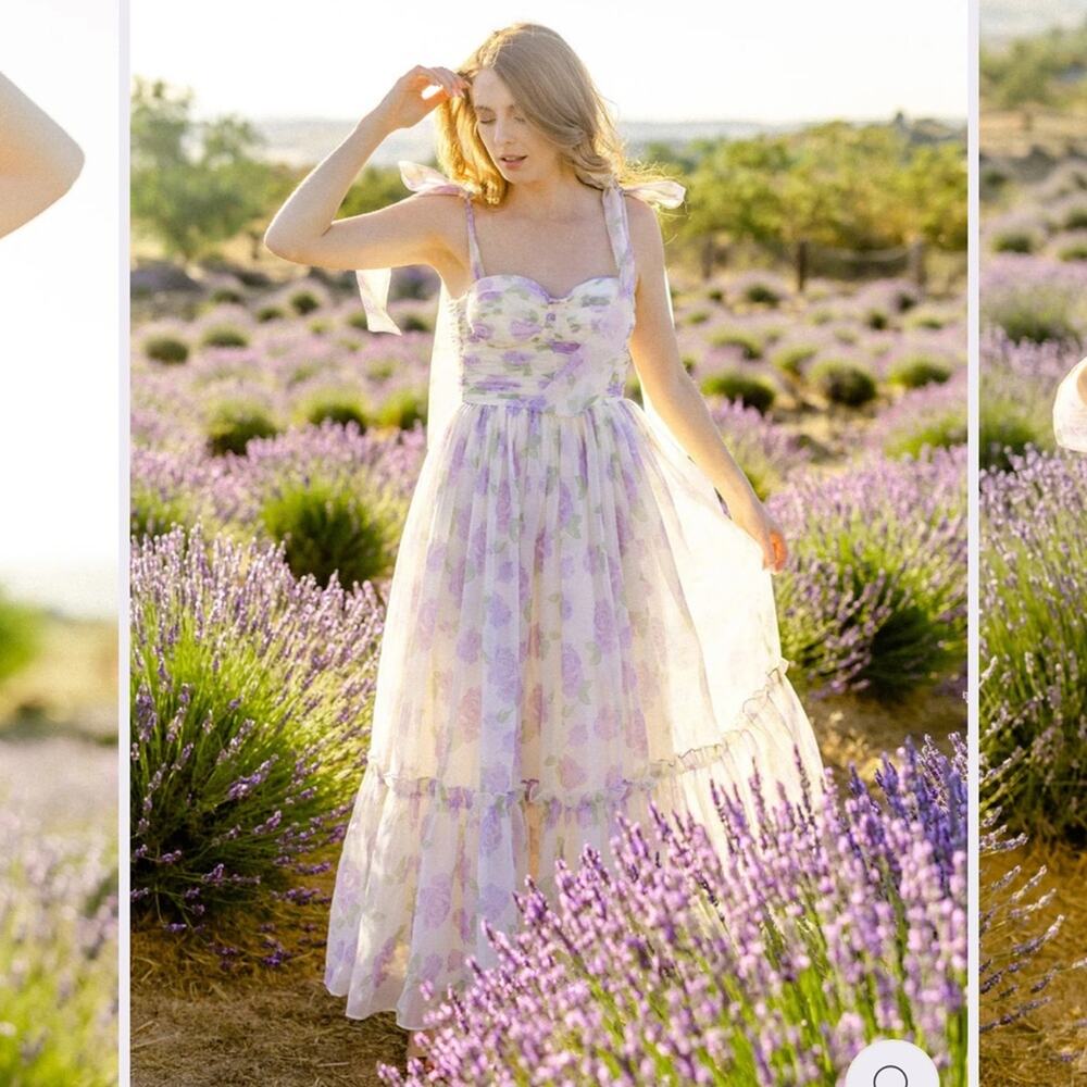 morning lavender debra purple & white floral sweetheart bow detil maxi dress - Picture 12 of 16